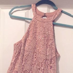 High-neck, Open-back, Blush Gown with Rose Gold Sparkle